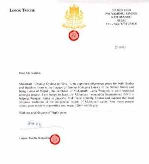Letter of Lopon Tsechu Rinpoche to the MFI, October 25, 2001