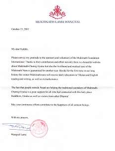 Letter of Muktinath Lama Wangyal, October 15, 2001
