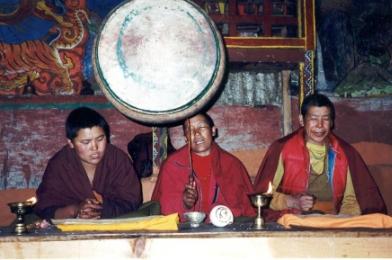 Sangye, Kando and Palzum performing a puja for MFI  sponsors